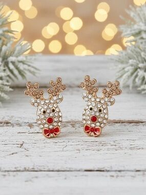 Gold and Red Reindeer Stud Earrings